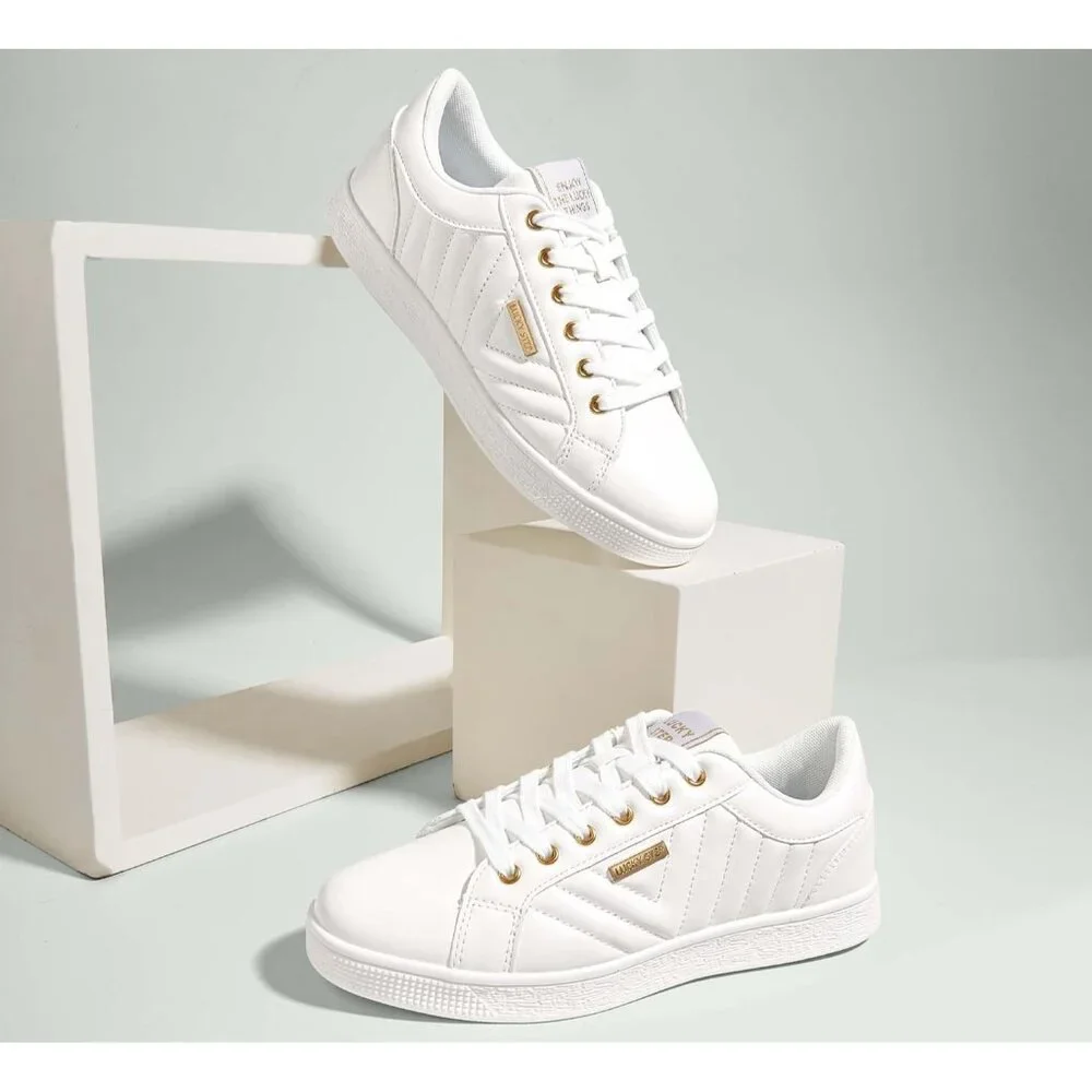 Women's White PU Glitter Shoes Sparkly Bling Shiny Bedazzled Lace Up Sneaker - Picture 4 of 9